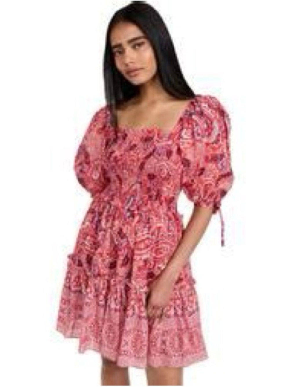 Cara Cara Pink Paisley Puff-Sleeve Tiered Mini Dress